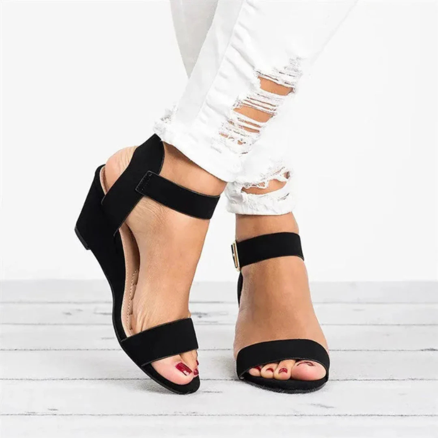 Laurel | Open-Toe Buckle Strap Suede Wedge | Elevated Comfort with Everyday Style