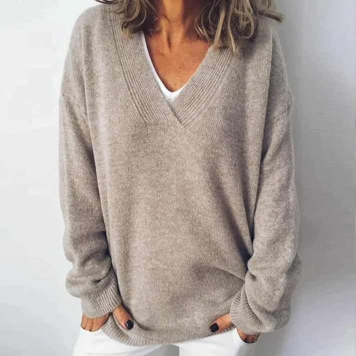 Megan | Women's V-Neck Sweater, Elegant Cashmere Winter Knit Pullover for Casual Wear – Beige
