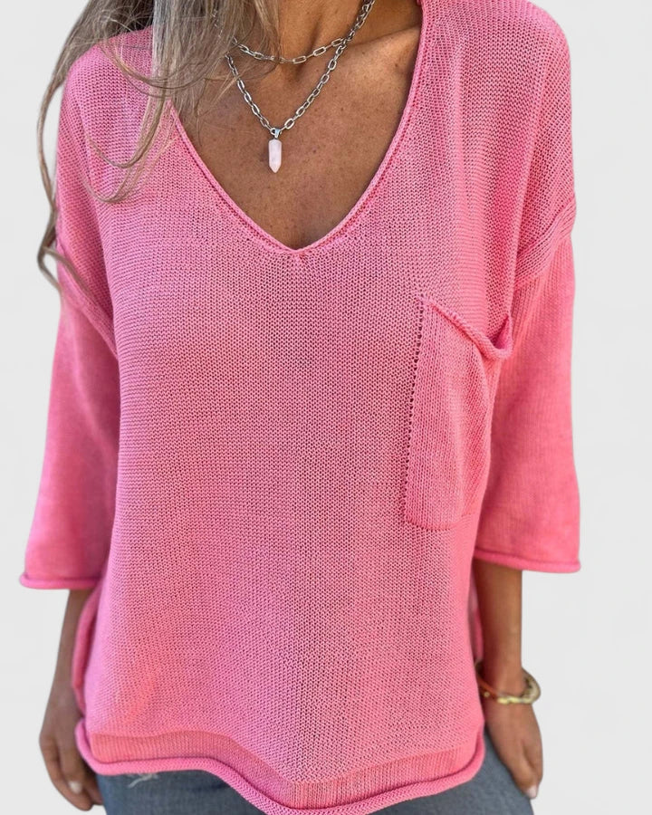 Marlowe | Women's V-Neck Knit Sweater, Relaxed Soft Knit Pocket Pullover for Casual Everyday Wear