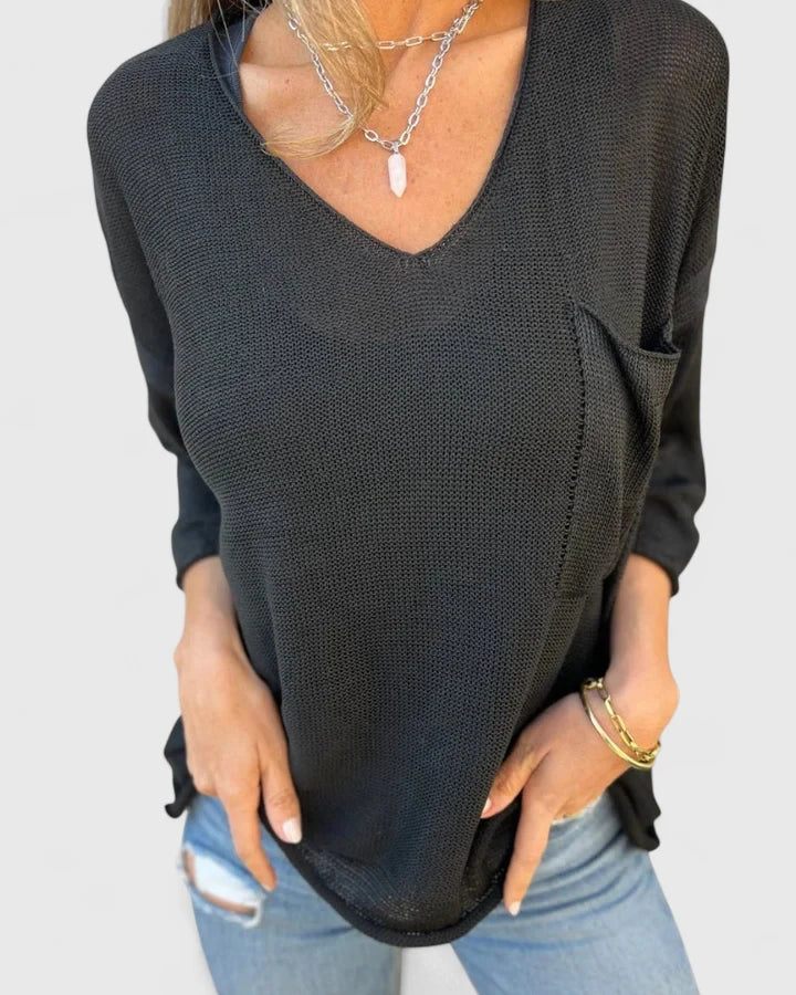 Marlowe | Women's V-Neck Knit Sweater, Relaxed Soft Knit Pocket Pullover for Casual Everyday Wear