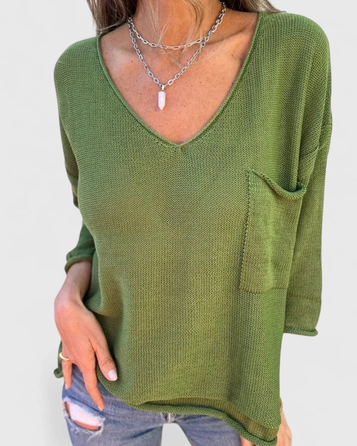 Marlowe | Women's V-Neck Knit Sweater, Relaxed Soft Knit Pocket Pullover for Casual Everyday Wear