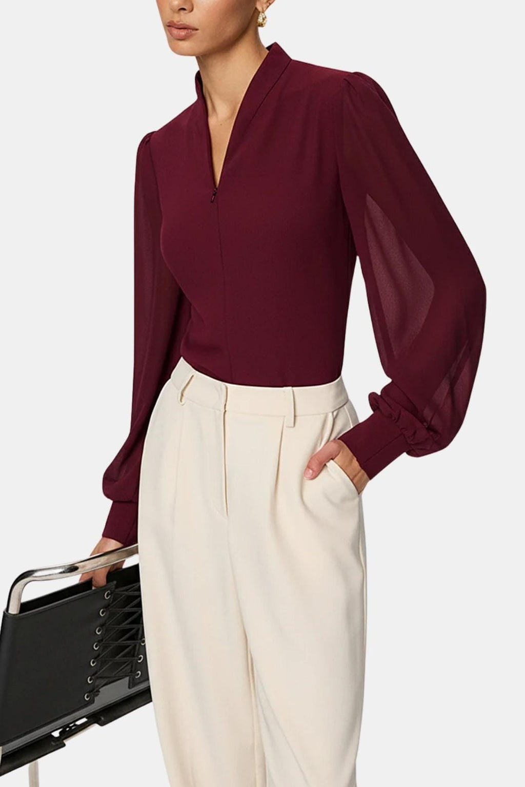 Jennifer | Zip Detail Chiffon Sleeve Blouse | Modern and Elegant