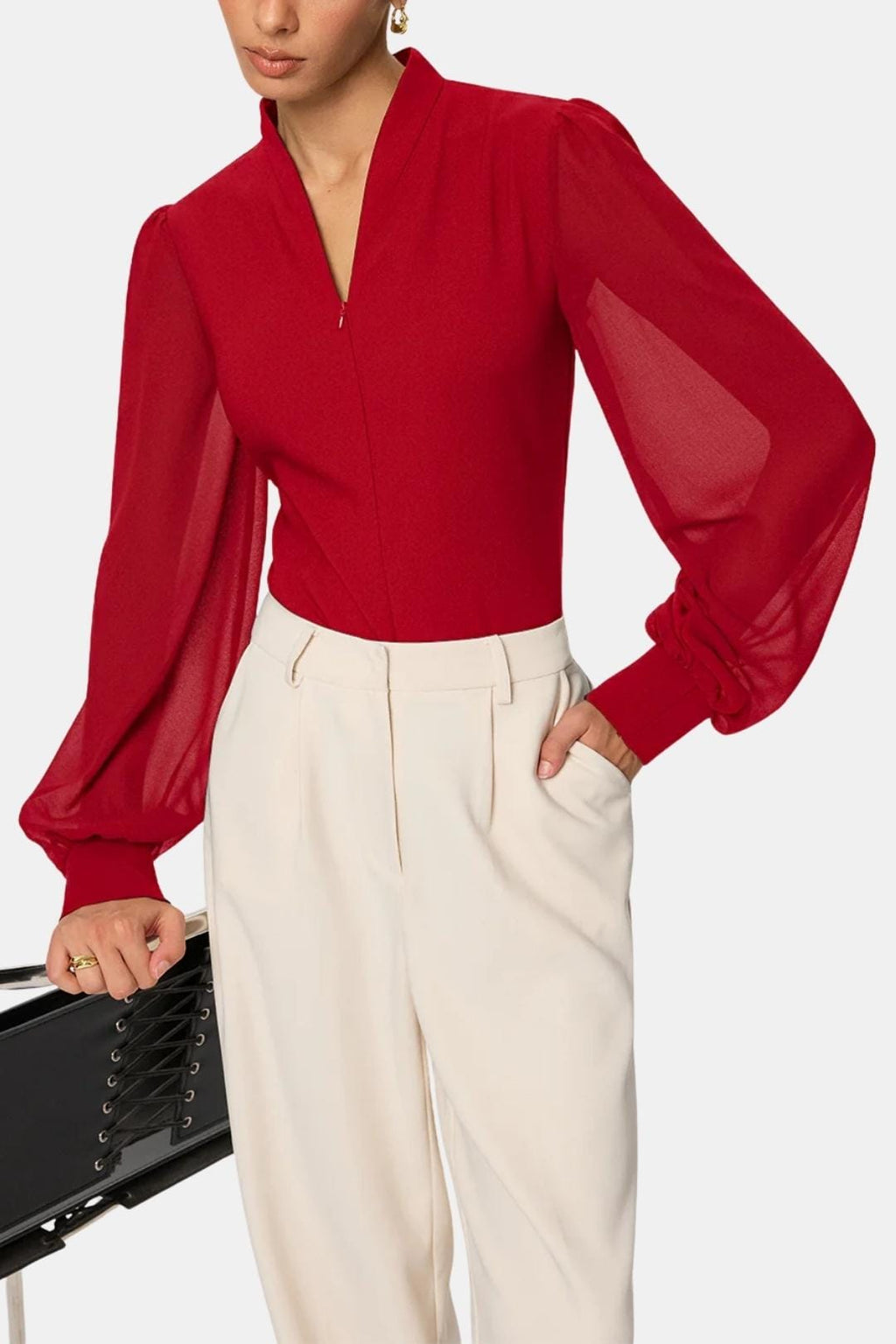 Jennifer | Zip Detail Chiffon Sleeve Blouse | Modern and Elegant