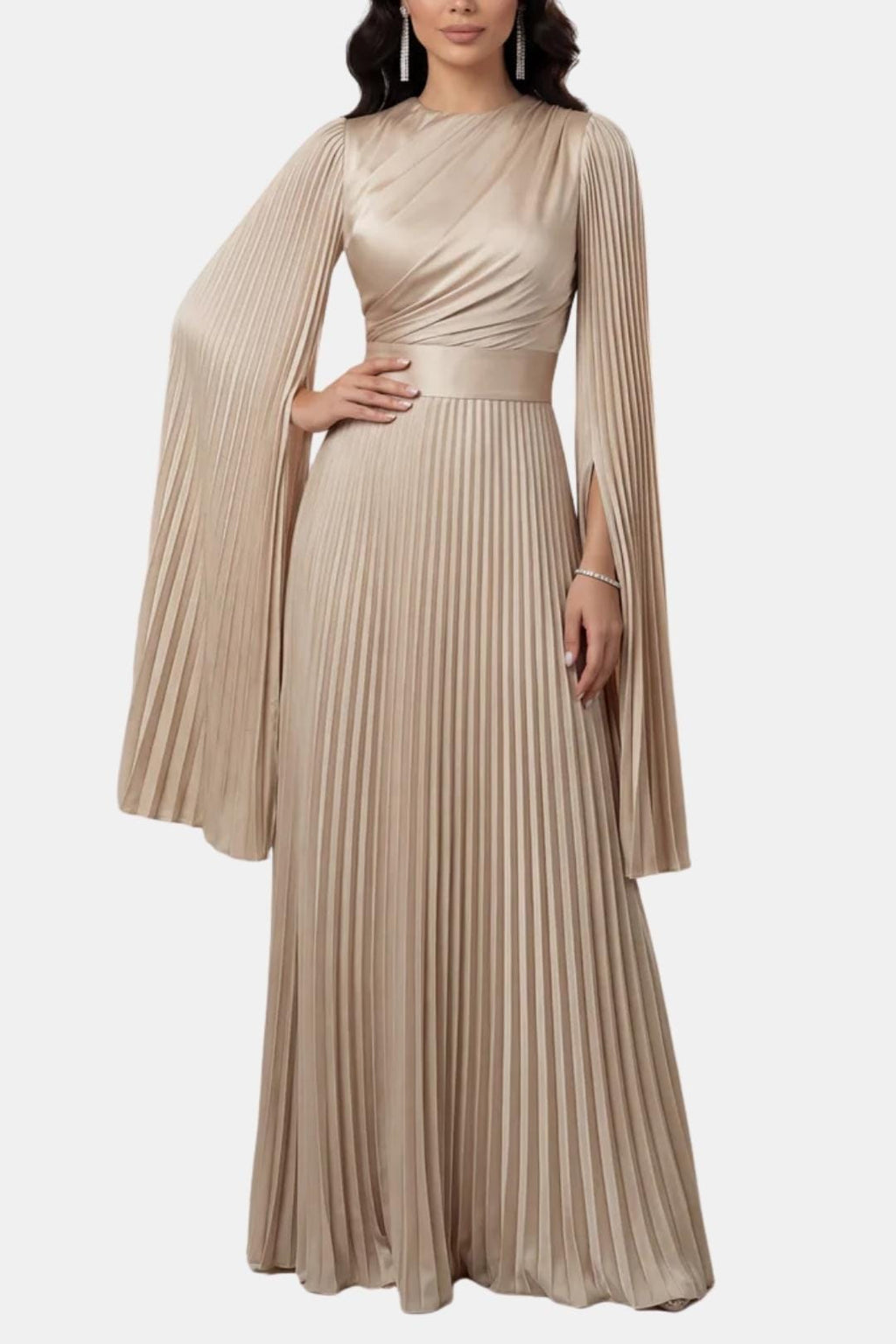 Emma | Pleated Satin Sleeve Gown | Luxurious and Timeless Elegance