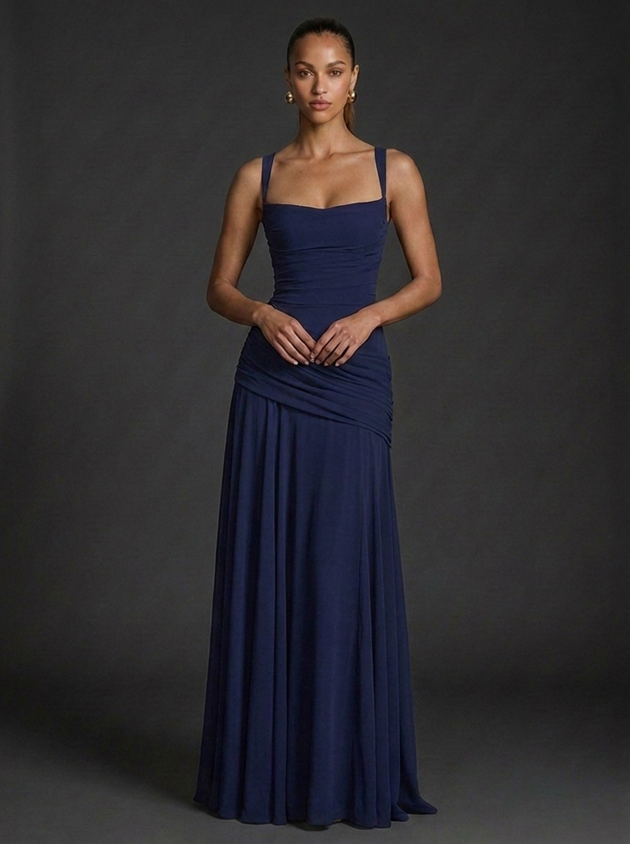 Zoe | Square Neck Sleeveless Ruched Maxi Dress | Elegant Wedding Guest Glam