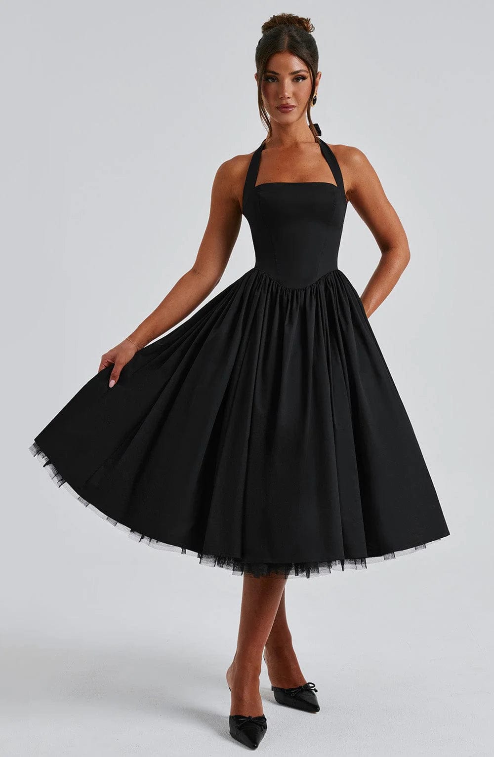 Diletta | Boned Lace-Up Midi Dress | Sculpted Elegance with a Modern Edge