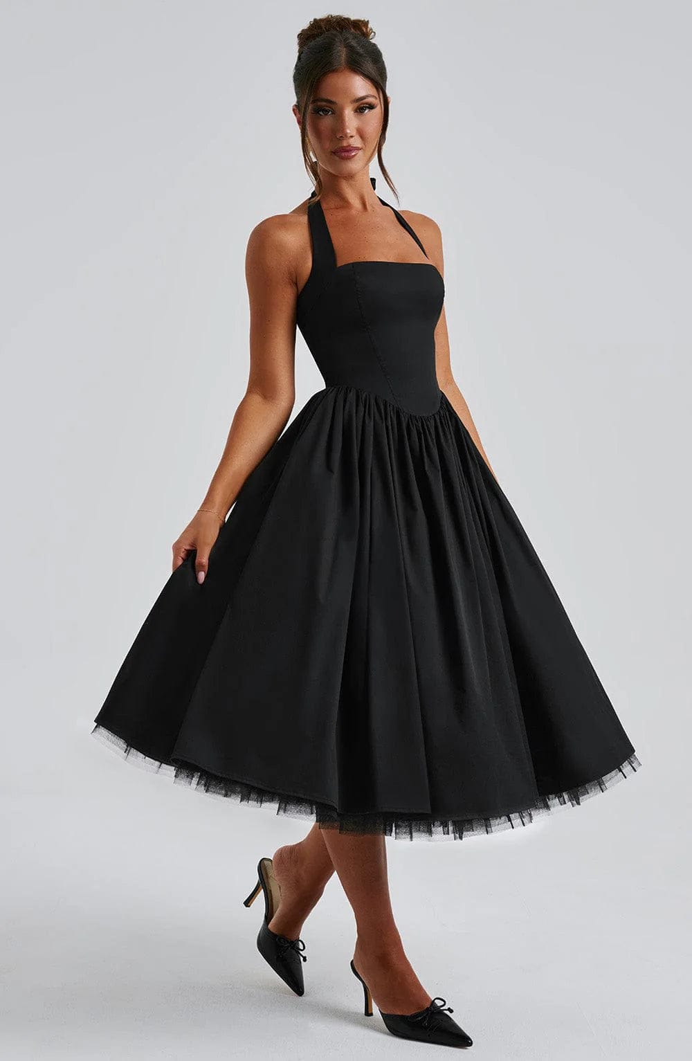 Diletta | Boned Lace-Up Midi Dress | Sculpted Elegance with a Modern Edge