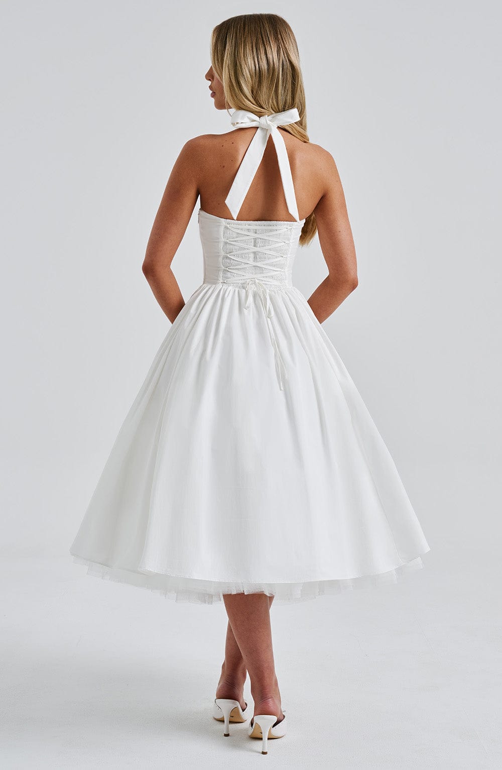 Diletta | Boned Lace-Up Midi Dress | Sculpted Elegance with a Modern Edge