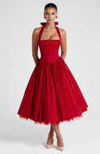 Diletta | Boned Lace-Up Midi Dress | Sculpted Elegance with a Modern Edge