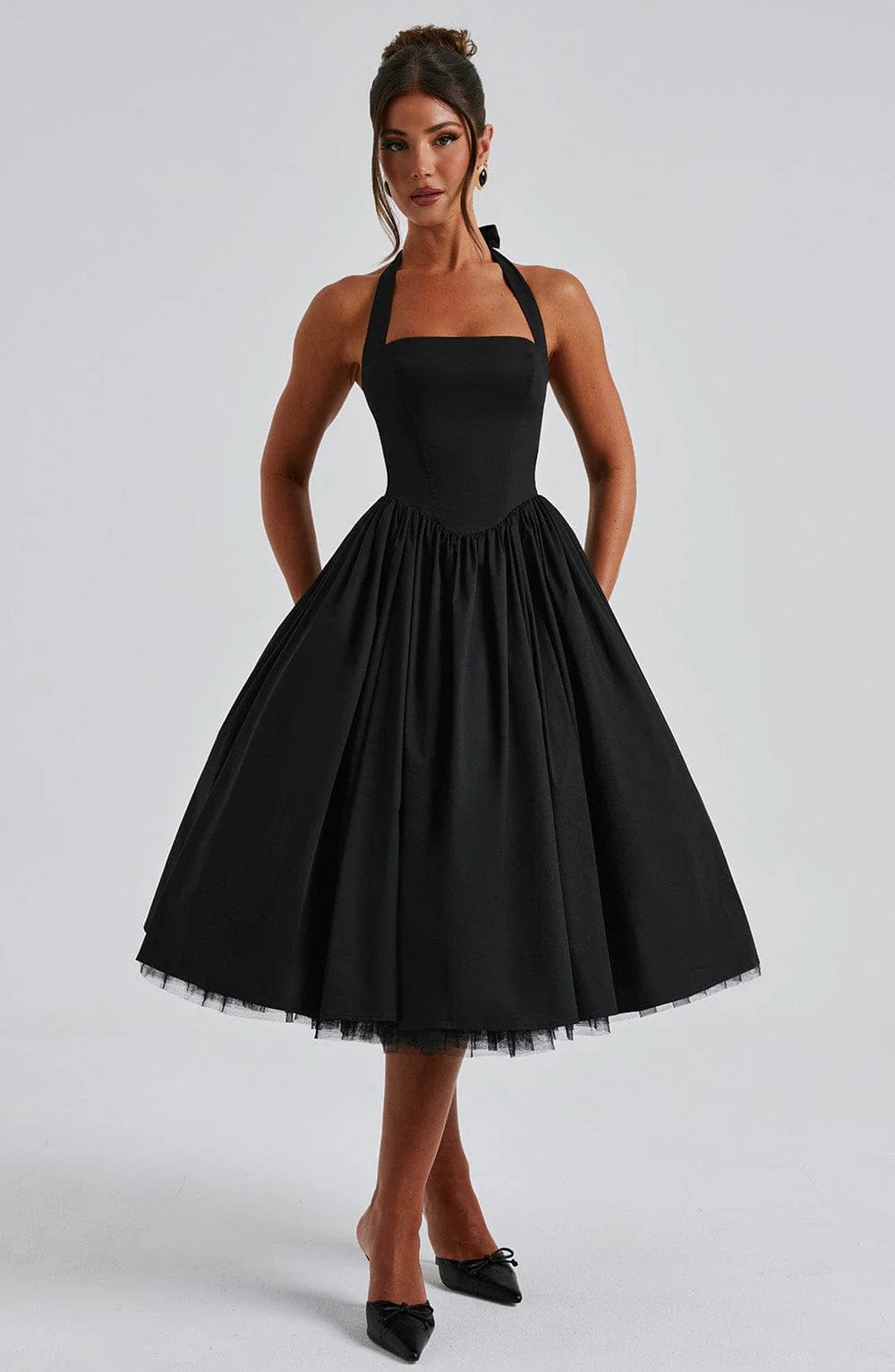 Diletta | Boned Lace-Up Midi Dress | Sculpted Elegance with a Modern Edge