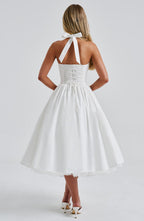 Diletta | Boned Lace-Up Midi Dress | Sculpted Elegance with a Modern Edge