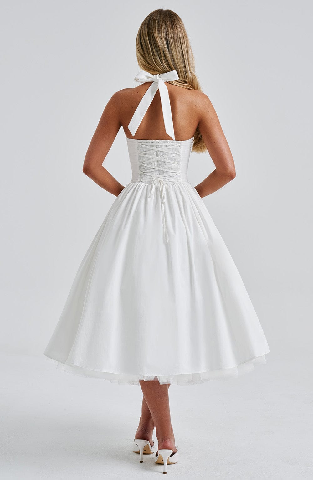 Diletta | Boned Lace-Up Midi Dress | Sculpted Elegance with a Modern Edge