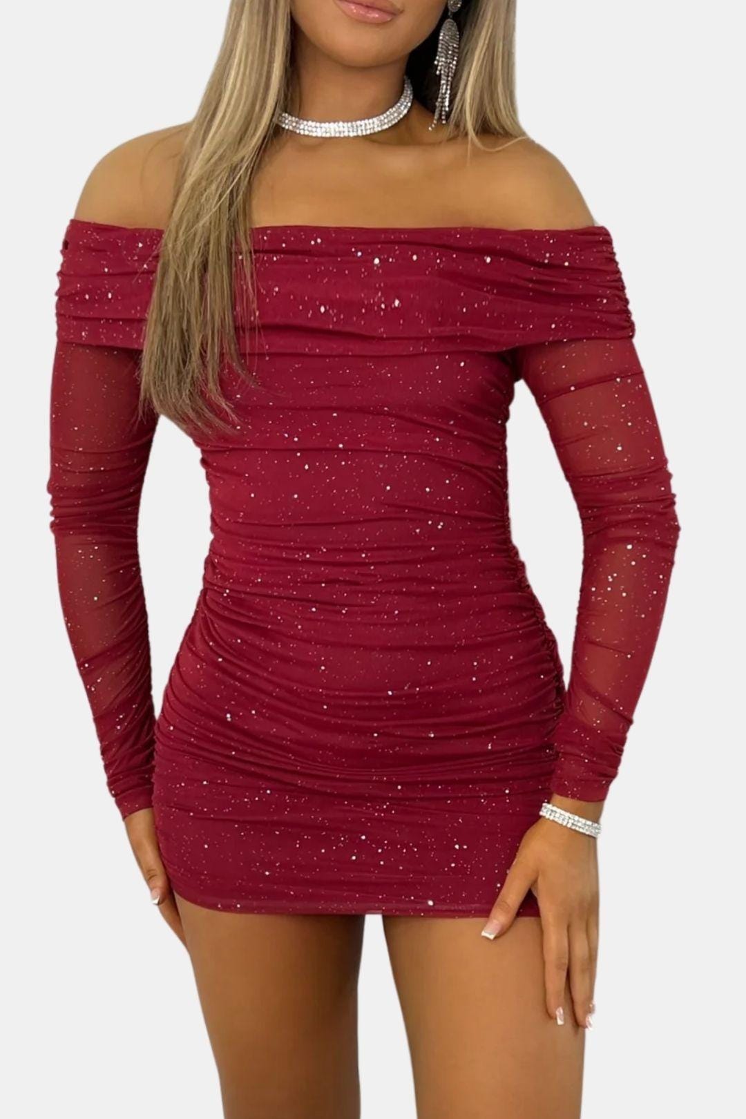 Hattie | Sparkle Off-Shoulder Mesh Mini Dress | Glamorous and Eye-Catching