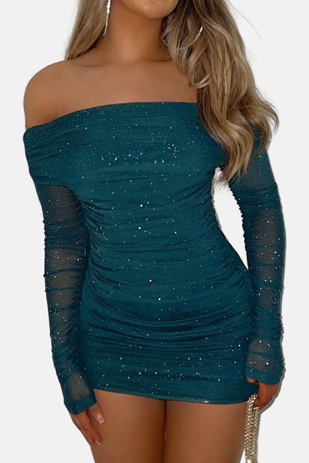 Hattie | Sparkle Off-Shoulder Mesh Mini Dress | Glamorous and Eye-Catching