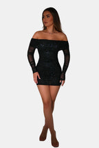Hattie | Sparkle Off-Shoulder Mesh Mini Dress | Glamorous and Eye-Catching