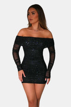 Hattie | Sparkle Off-Shoulder Mesh Mini Dress | Glamorous and Eye-Catching