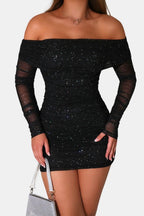 Hattie | Sparkle Off-Shoulder Mesh Mini Dress | Glamorous and Eye-Catching