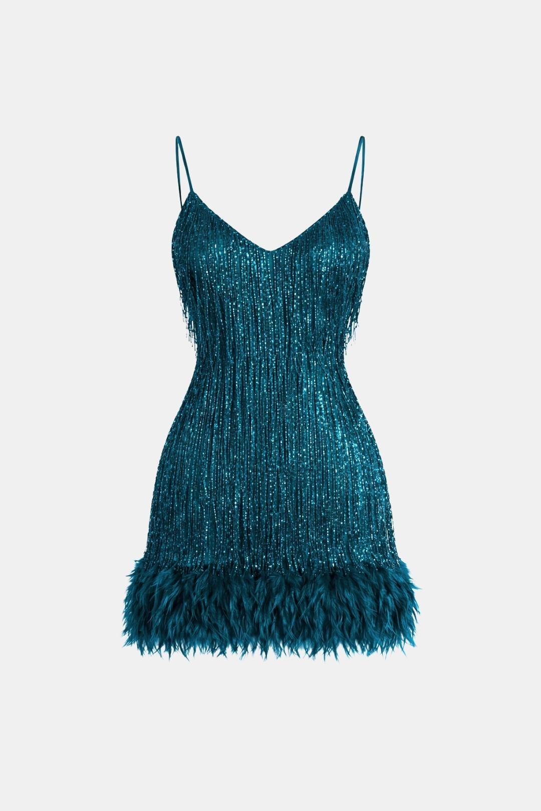 Eliana | Sequin Fringe Feather Party Dress | Bold Glamour for Unforgettable Nights