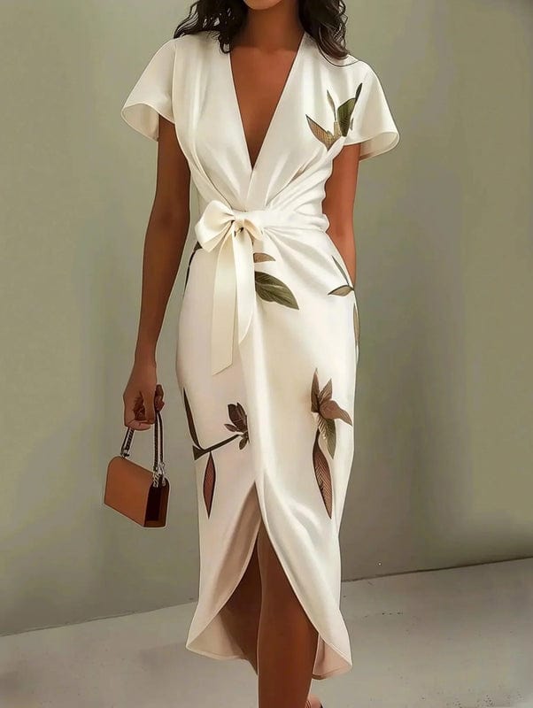 Marnie | Urban Leaf V-Neck Midi Dress | Elegant and Naturally Chic