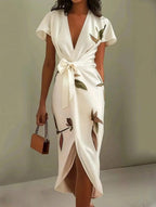 Marnie | Urban Leaf V-Neck Midi Dress | Elegant and Naturally Chic
