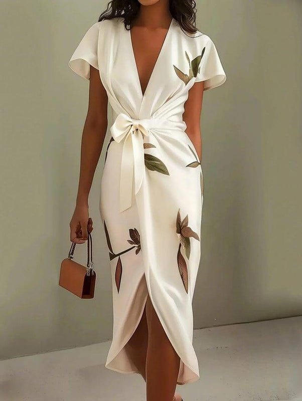 Marnie | Urban Leaf V-Neck Midi Dress | Elegant and Naturally Chic