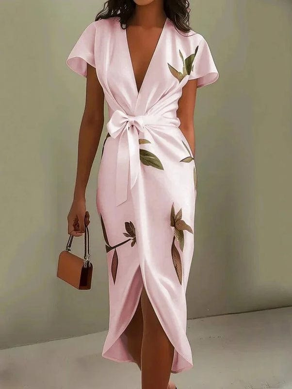 Marnie | Urban Leaf V-Neck Midi Dress | Elegant and Naturally Chic