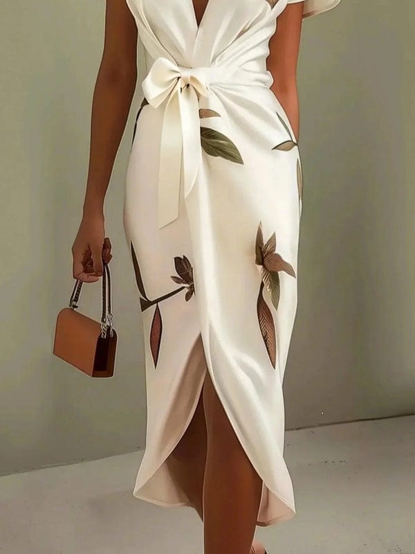 Marnie | Urban Leaf V-Neck Midi Dress | Elegant and Naturally Chic