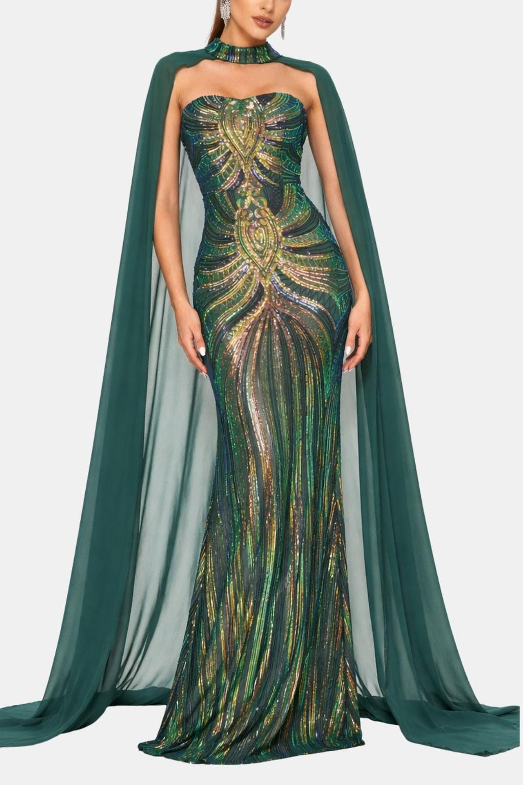 Rose | Sequin Cape Mermaid Evening Dress | Luxurious and Show-Stopping Elegance