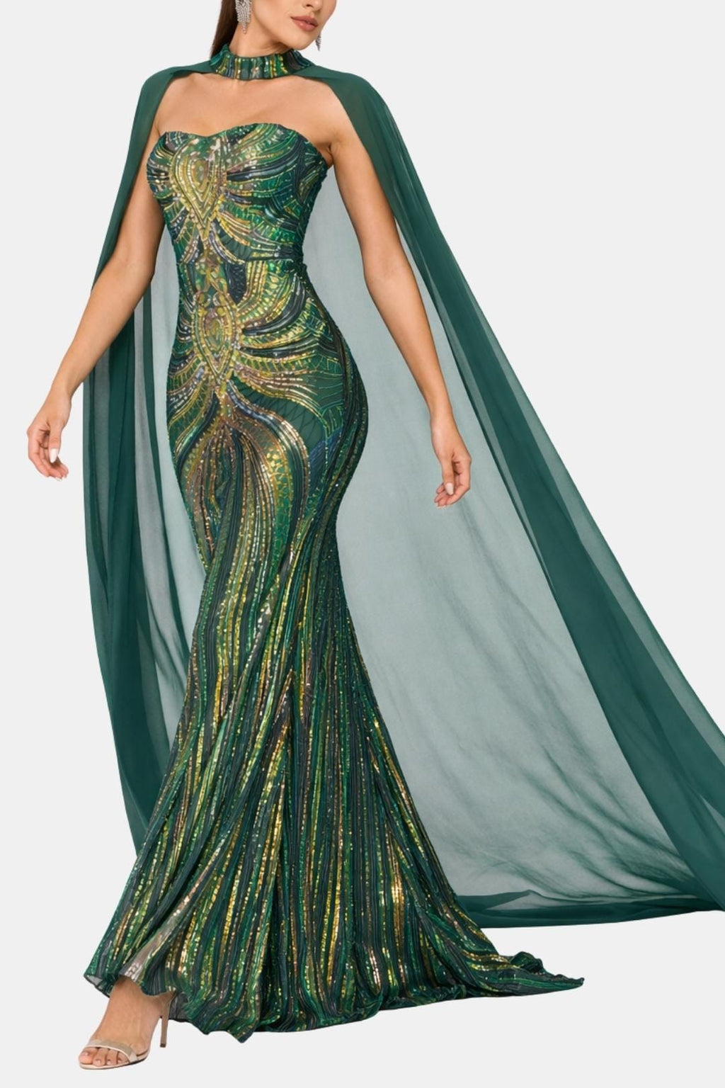 Rose | Sequin Cape Mermaid Evening Dress | Luxurious and Show-Stopping Elegance