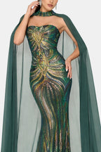 Rose | Sequin Cape Mermaid Evening Dress | Luxurious and Show-Stopping Elegance