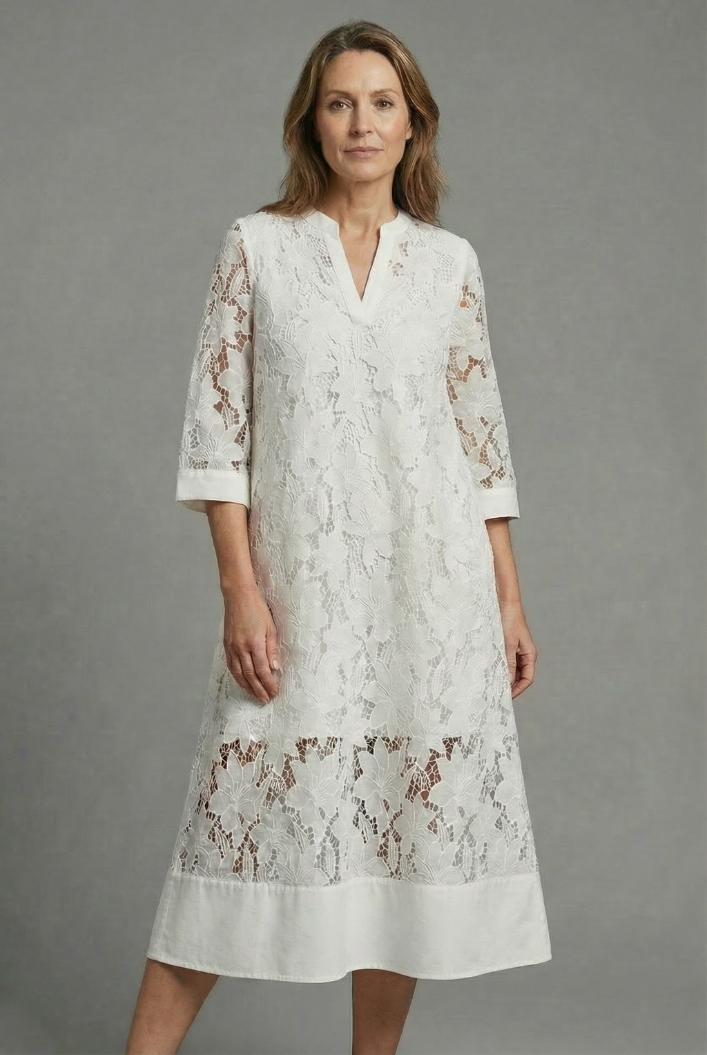 Gianna | Embroidered Midi Dress | Elegant Lace Detail & Relaxed Fit