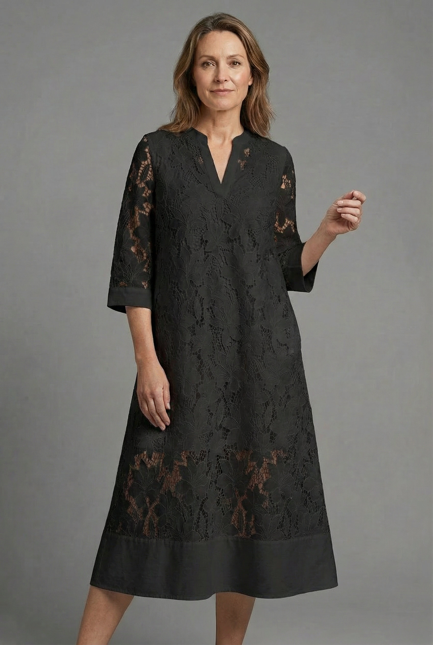 Gianna | Embroidered Midi Dress | Elegant Lace Detail & Relaxed Fit
