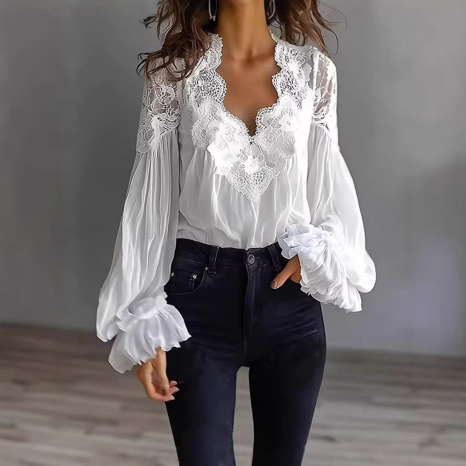 Layla | Flowing Women’s Blouse with Lace Details & Long Ruffle Sleeves | Romantic Elegance Made Effortless
