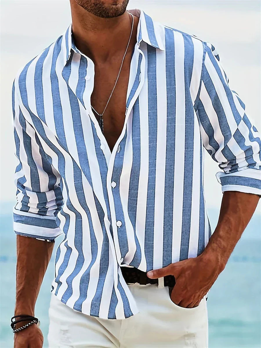 Henry | Men’s Light Blue Striped Summer Shirt | Relaxed Fit Breathable Casual Essential
