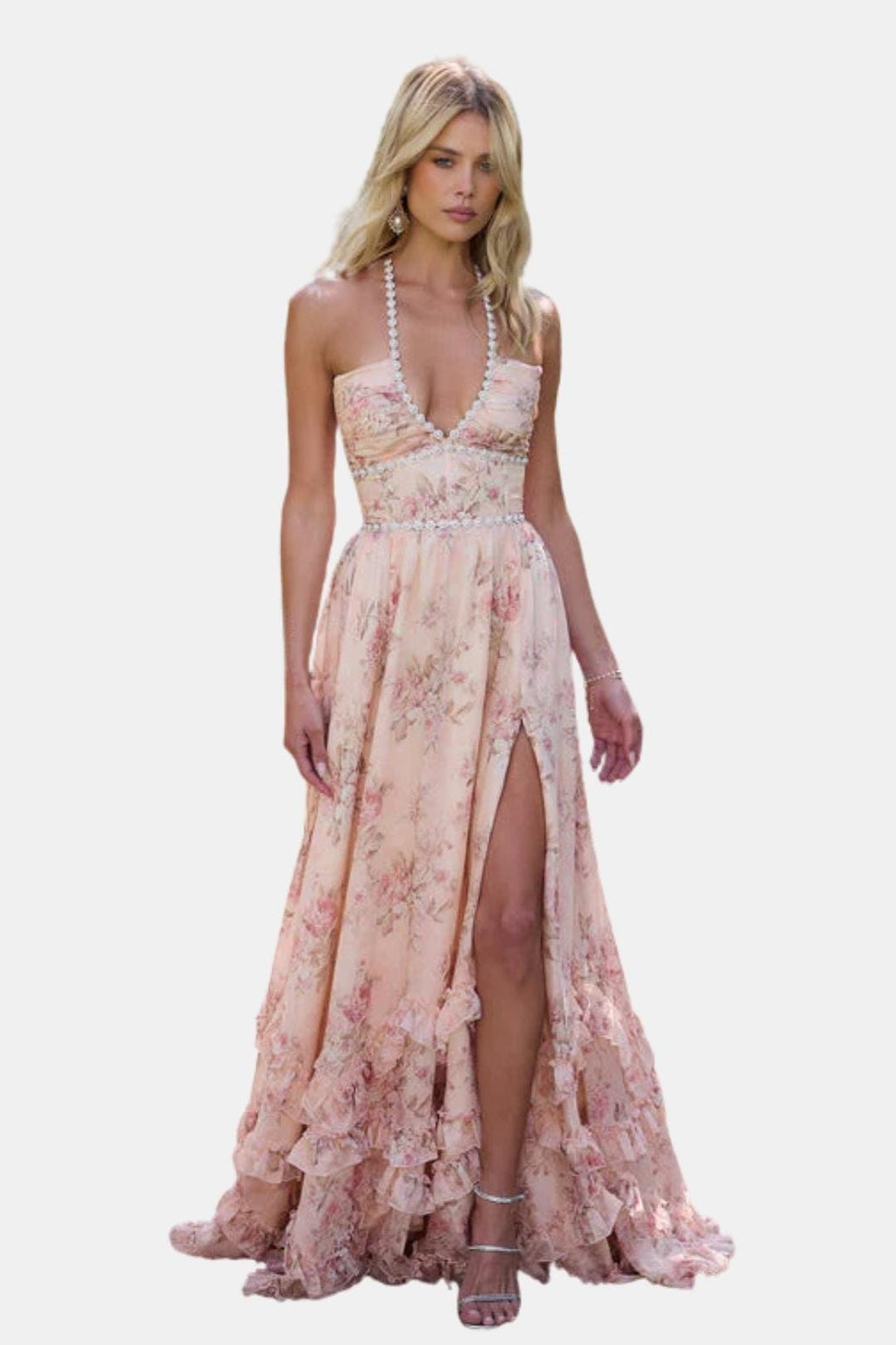 Anaya | Halter Maxi Dress in Peach Tapestry | Elegant Flow with Romantic Charm
