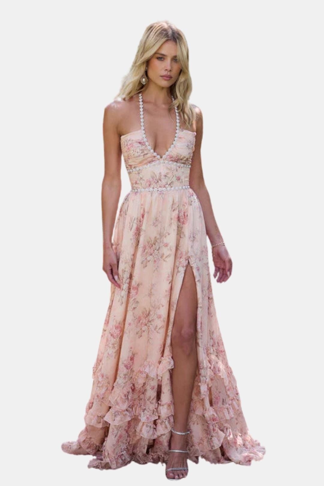 Anaya | Halter Maxi Dress in Peach Tapestry | Elegant Flow with Romantic Charm
