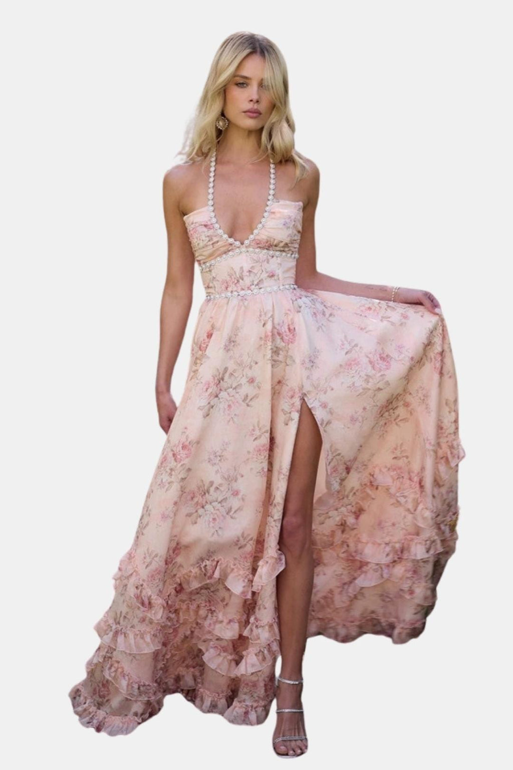 Anaya | Halter Maxi Dress in Peach Tapestry | Elegant Flow with Romantic Charm