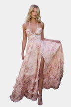 Anaya | Halter Maxi Dress in Peach Tapestry | Elegant Flow with Romantic Charm
