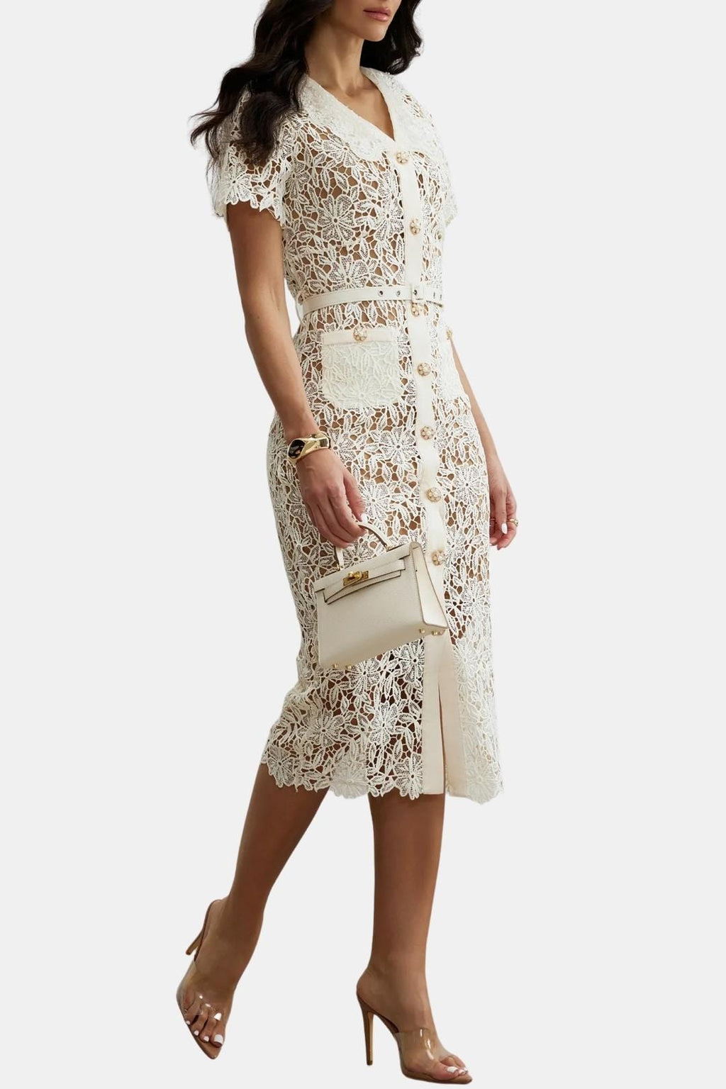 Rosa | Beige V-Neck Embroidered Lace Midi Dress with Button Detail | Timeless Feminine Elegance