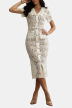 Rosa | Beige V-Neck Embroidered Lace Midi Dress with Button Detail | Timeless Feminine Elegance
