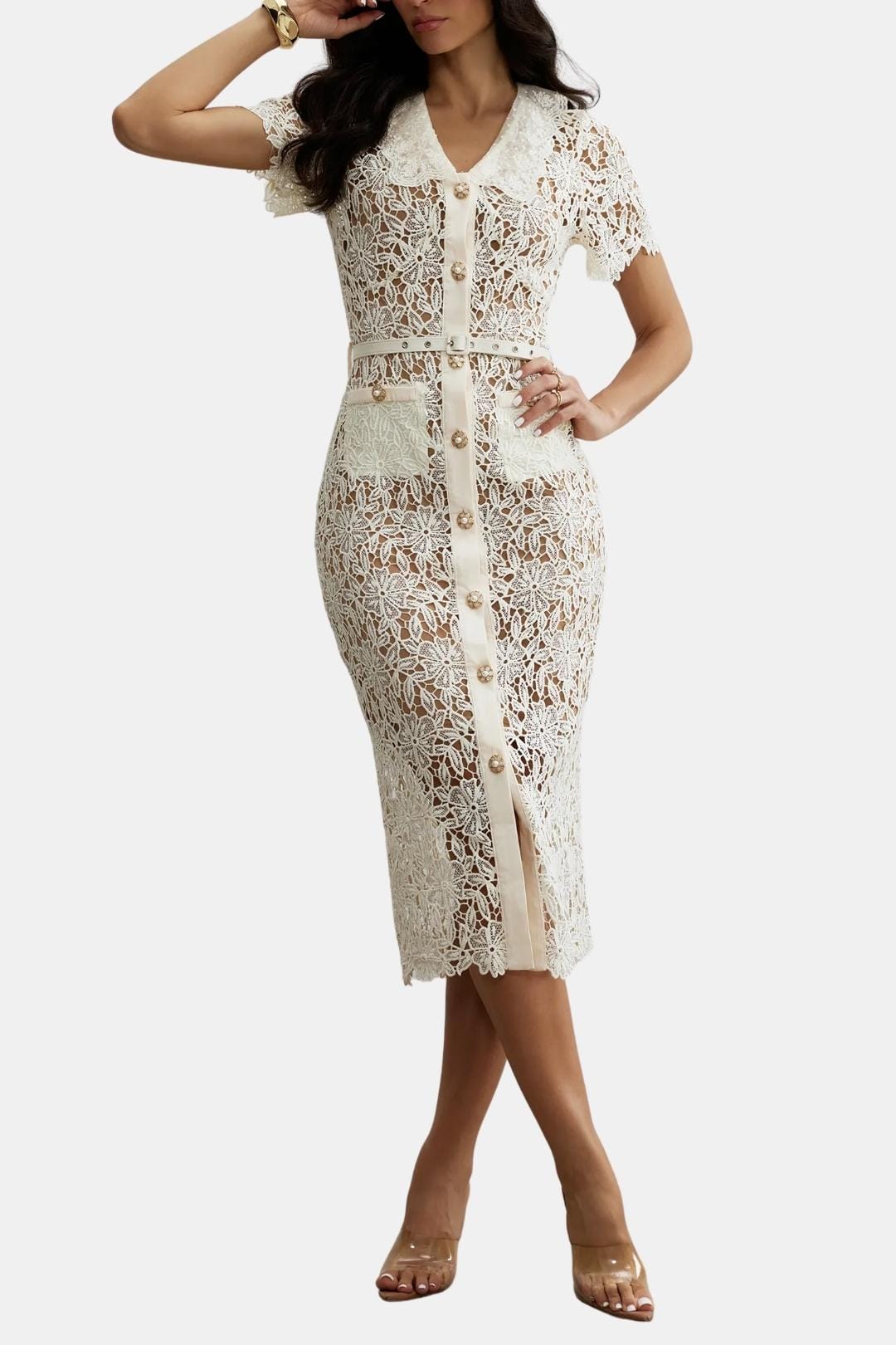 Rosa | Beige V-Neck Embroidered Lace Midi Dress with Button Detail | Timeless Feminine Elegance