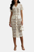Rosa | Beige V-Neck Embroidered Lace Midi Dress with Button Detail | Timeless Feminine Elegance