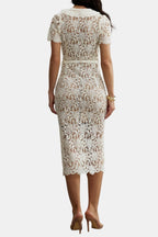 Rosa | Beige V-Neck Embroidered Lace Midi Dress with Button Detail | Timeless Feminine Elegance