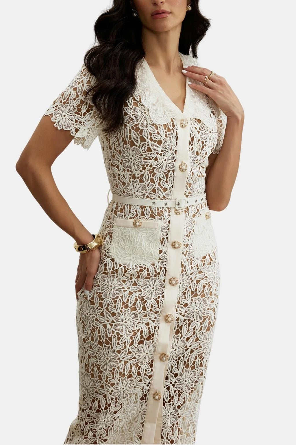 Rosa | Beige V-Neck Embroidered Lace Midi Dress with Button Detail | Timeless Feminine Elegance