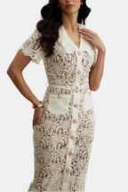 Rosa | Beige V-Neck Embroidered Lace Midi Dress with Button Detail | Timeless Feminine Elegance