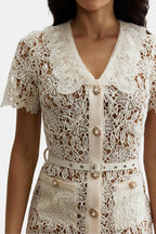Rosa | Beige V-Neck Embroidered Lace Midi Dress with Button Detail | Timeless Feminine Elegance