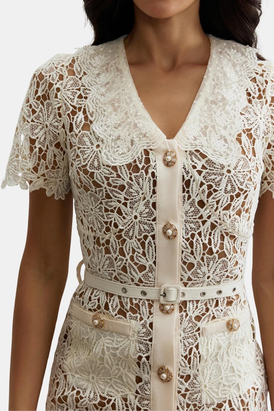 Rosa | Beige V-Neck Embroidered Lace Midi Dress with Button Detail | Timeless Feminine Elegance