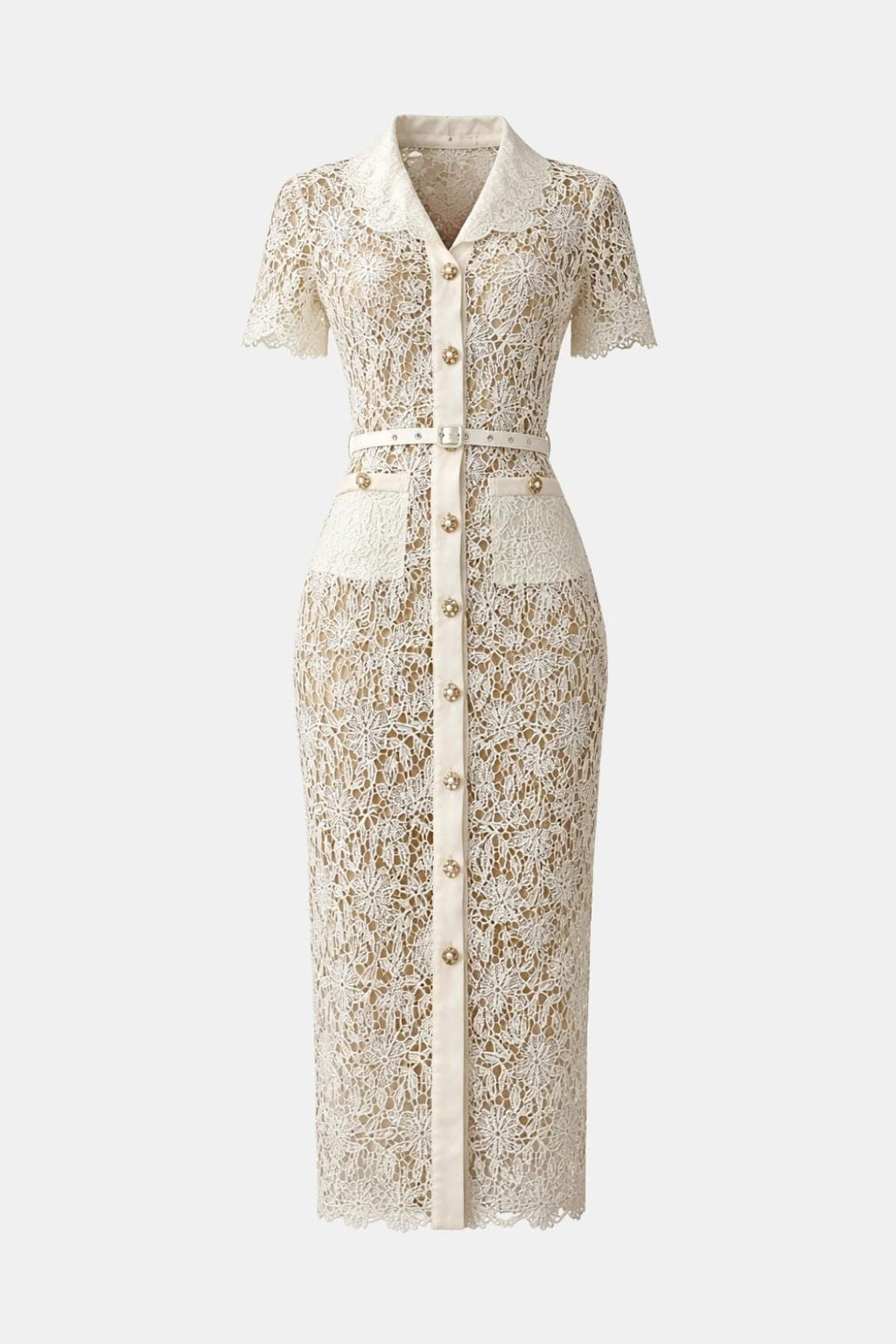 Rosa | Beige V-Neck Embroidered Lace Midi Dress with Button Detail | Timeless Feminine Elegance