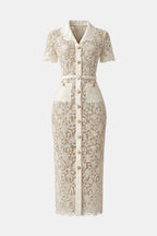Rosa | Beige V-Neck Embroidered Lace Midi Dress with Button Detail | Timeless Feminine Elegance