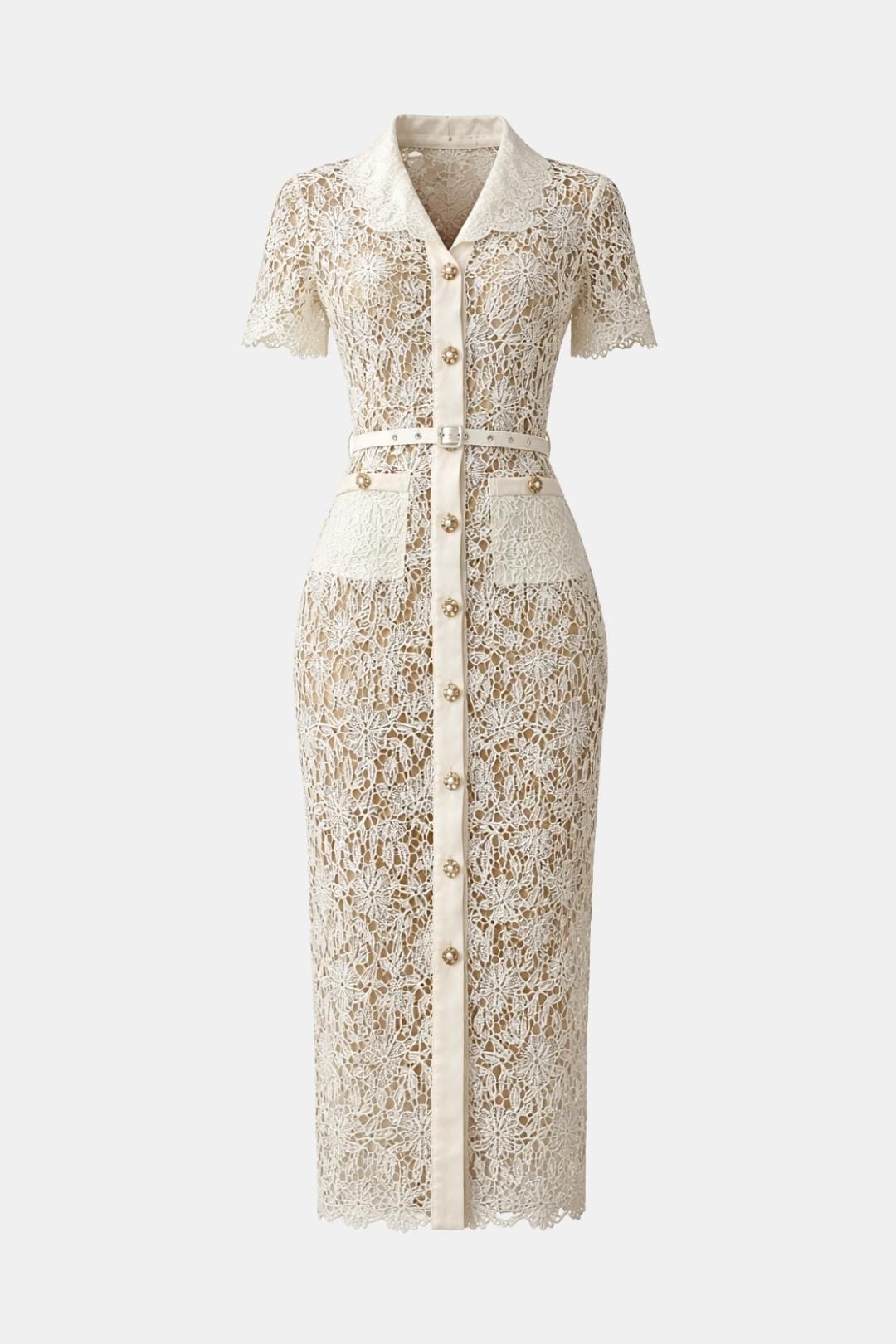 Rosa | Beige V-Neck Embroidered Lace Midi Dress with Button Detail | Timeless Feminine Elegance